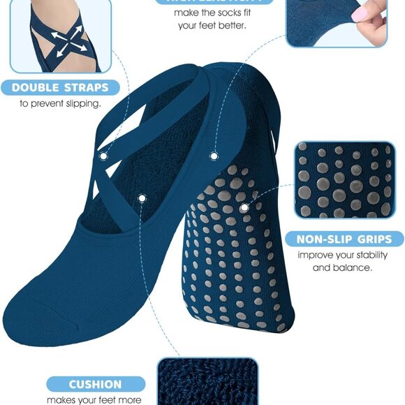 Pilates Grip Socks for Women Non Slip Skid Yoga Socks with Grips Straps for Ball - Picture 3 of 8